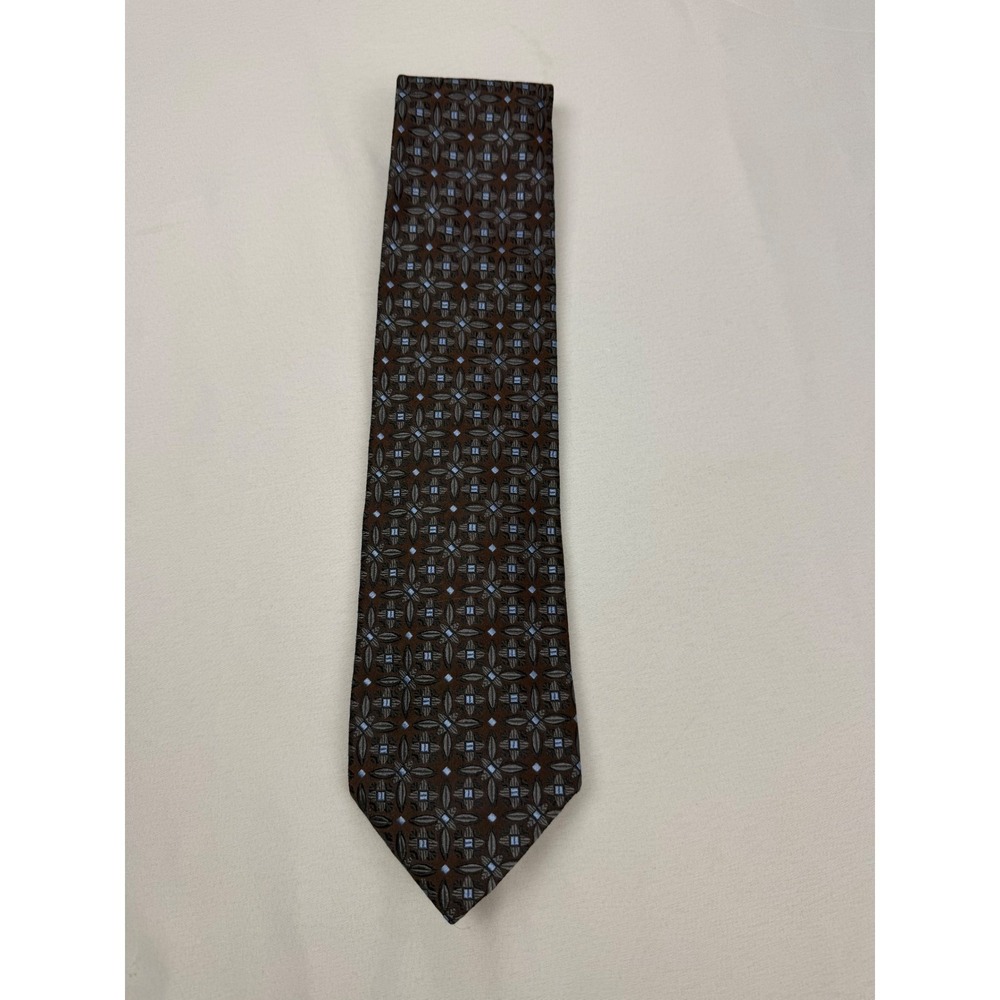 XMI Silk Necktie Mens 59 x 3.75‎ Brown Blue Geometric Floral Hand Made USA Tie
